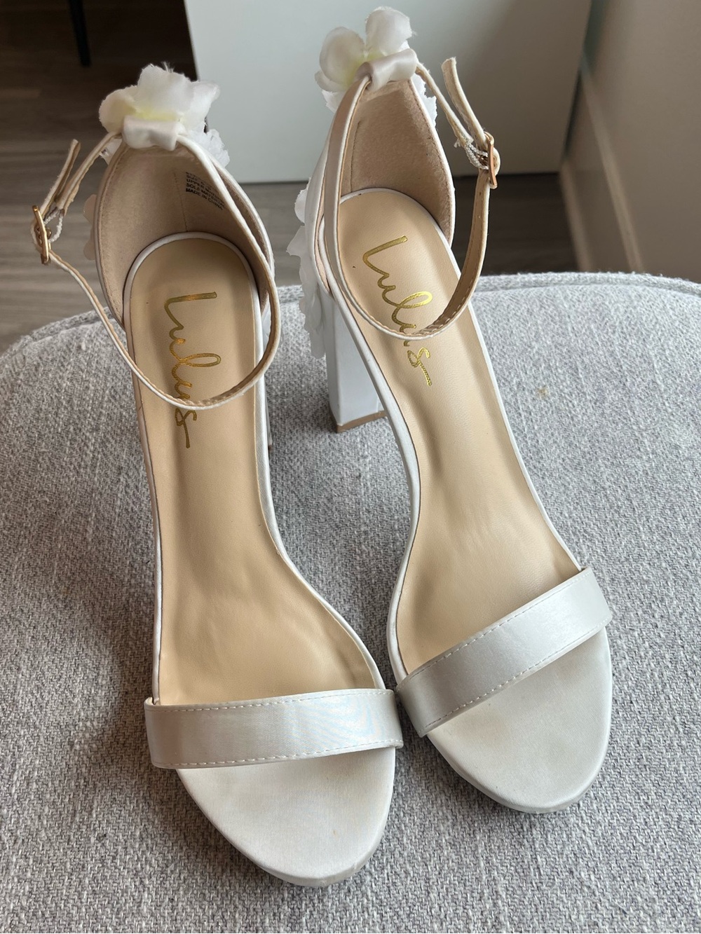 Lulu's Ivory Bridal Floral Ankle-Strap Block Heels
